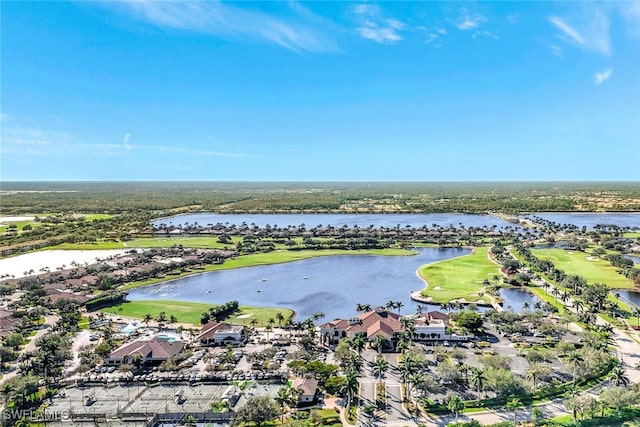 drone / aerial view with a water view