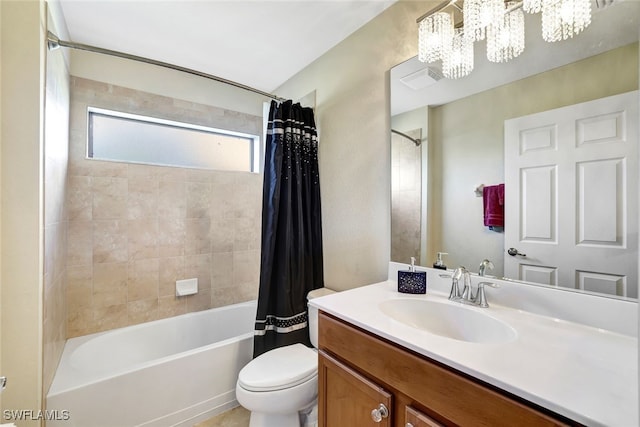 full bathroom featuring vanity, an inviting chandelier, toilet, and shower / tub combo with curtain