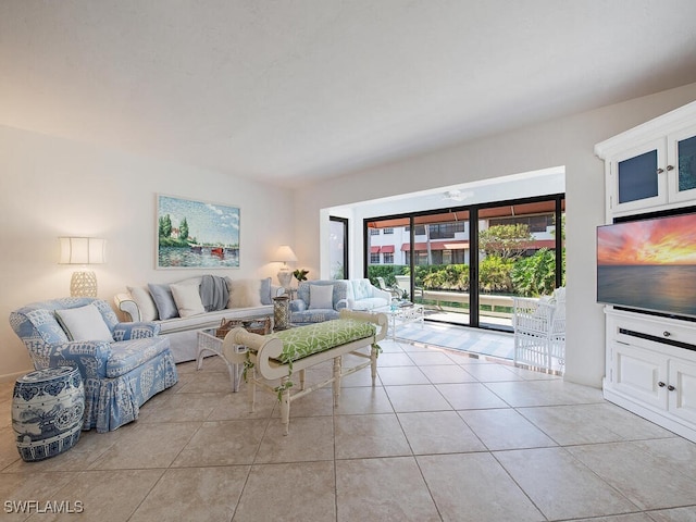 living room with light tile patterned flooring