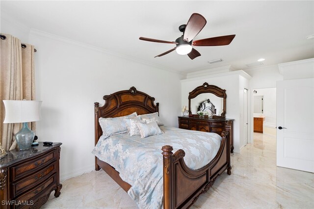 bedroom with marble finish floor, baseboards, crown molding, and a ceiling fan