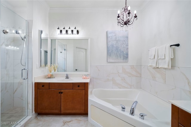 bathroom featuring a shower stall, vanity, and crown molding