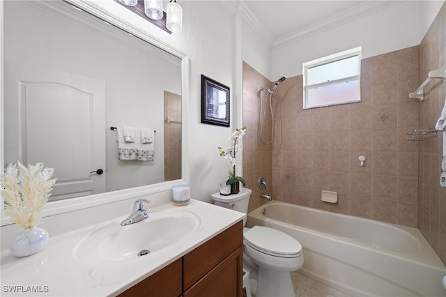 bathroom with vanity, shower / tub combination, crown molding, and toilet