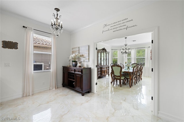 dining area featuring baseboards, marble finish floor, a chandelier, and crown molding