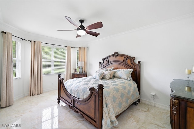 bedroom with baseboards, marble finish floor, ceiling fan, and crown molding