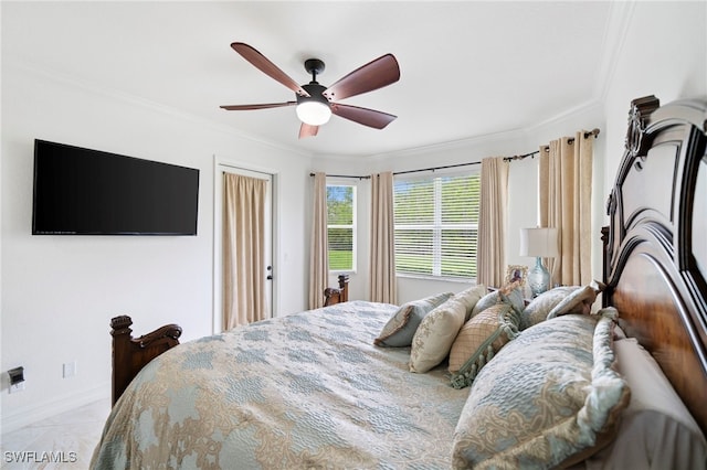 bedroom with crown molding, light tile patterned floors, a ceiling fan, and baseboards