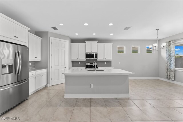 kitchen with appliances with stainless steel finishes, a kitchen island with sink, sink, and white cabinets