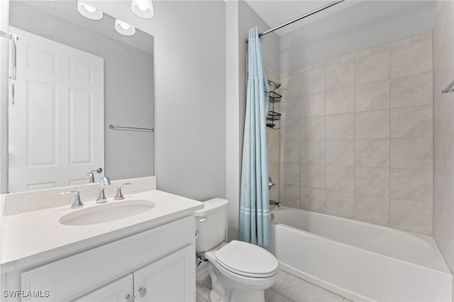 full bathroom with shower / tub combo with curtain, vanity, toilet, and tile patterned floors