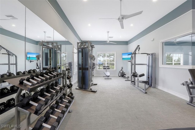 gym featuring a ceiling fan, recessed lighting, carpet, and baseboards