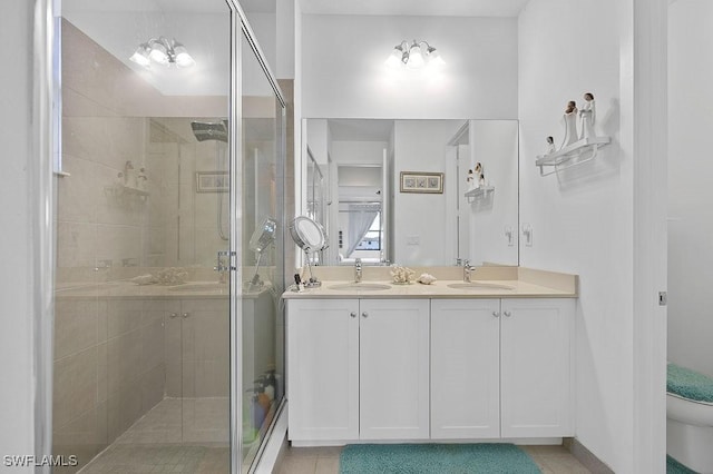 bathroom with tile patterned flooring, vanity, toilet, and walk in shower