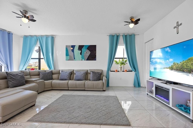 living room with a textured ceiling