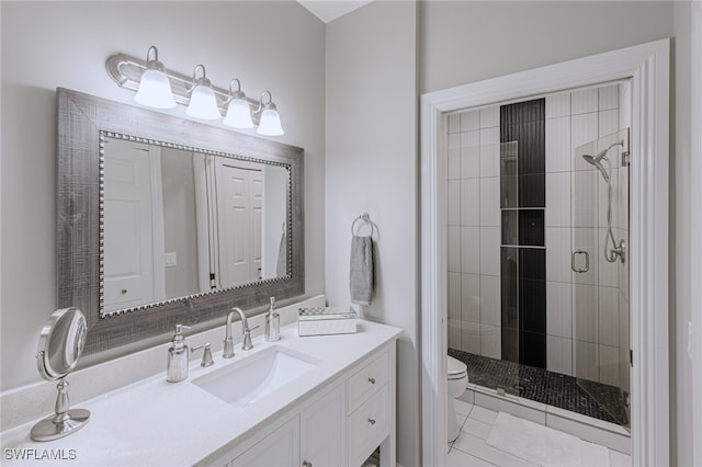 bathroom with tile patterned floors, vanity, toilet, and walk in shower