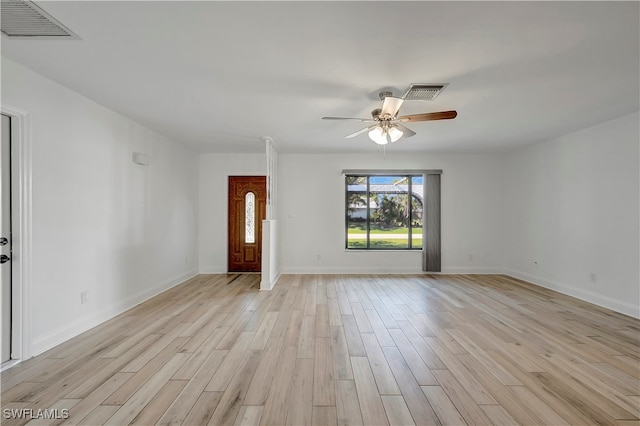 foyer entrance featuring ceiling fan and light hardwood / wood-style flooring