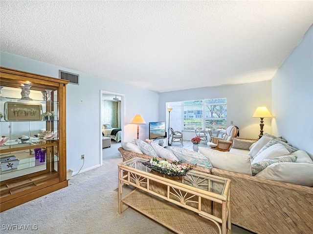 living room with carpet flooring and a textured ceiling