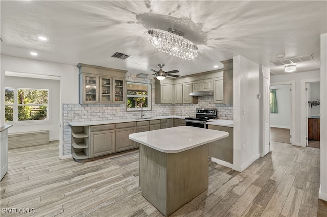 kitchen with a center island, backsplash, stainless steel range with electric cooktop, sink, and light hardwood / wood-style flooring