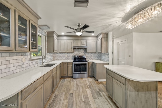 kitchen with backsplash, ceiling fan with notable chandelier, electric stove, sink, and light hardwood / wood-style flooring