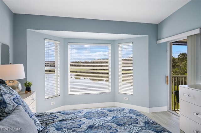 bedroom featuring access to outside, light hardwood / wood-style flooring, and multiple windows