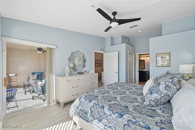 bedroom featuring ceiling fan, a closet, and light hardwood / wood-style flooring