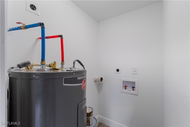 clothes washing area with water heater, washer hookup, and hookup for an electric dryer