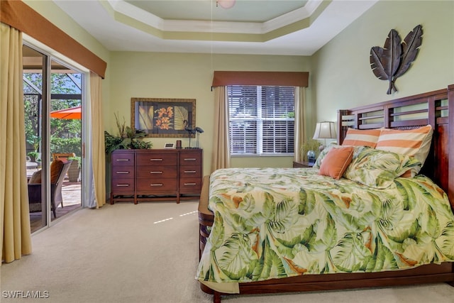 carpeted bedroom with access to exterior and a tray ceiling