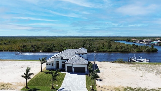 exterior space with a water view