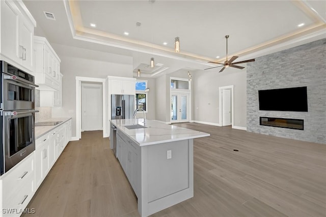 kitchen featuring visible vents, appliances with stainless steel finishes, a tray ceiling, light wood-style floors, and a sink