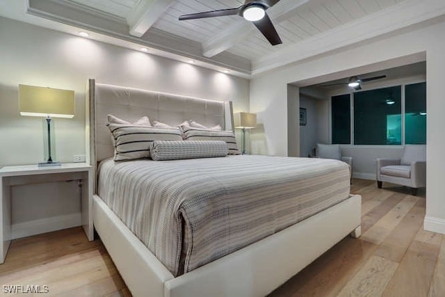 bedroom featuring beam ceiling, light hardwood / wood-style flooring, ceiling fan, and wood ceiling