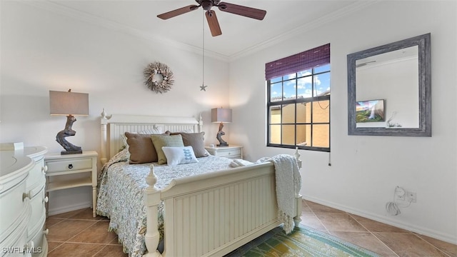 bedroom featuring tile patterned floors, ceiling fan, and ornamental molding