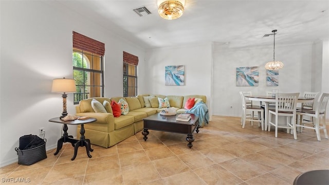 living room with a chandelier