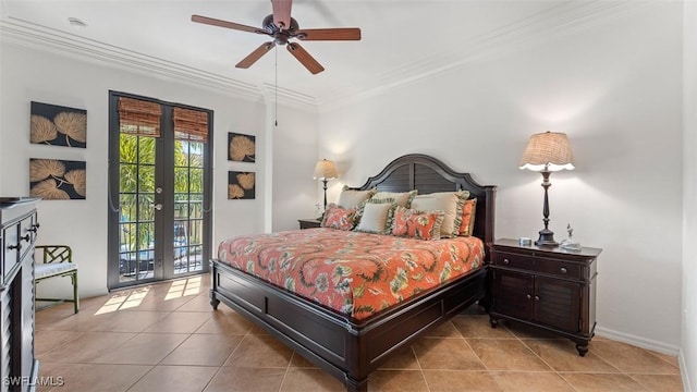 tiled bedroom featuring ceiling fan, crown molding, access to outside, and french doors