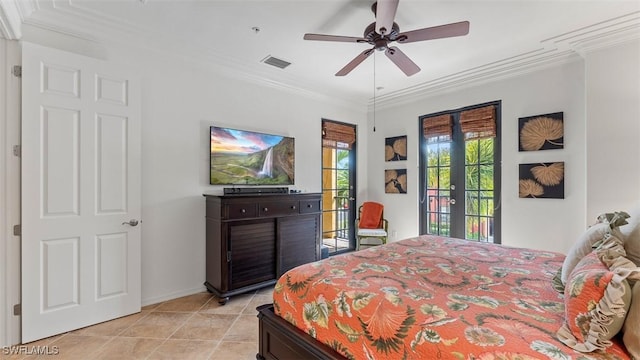 bedroom featuring ceiling fan, crown molding, access to outside, and french doors