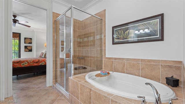 bathroom featuring tile patterned floors, ceiling fan, ornamental molding, and plus walk in shower