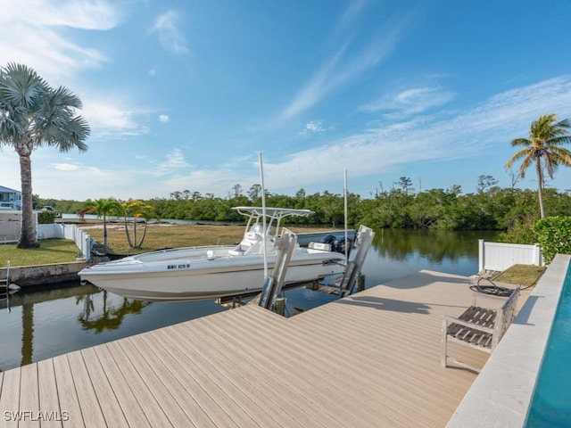 view of dock with a water view