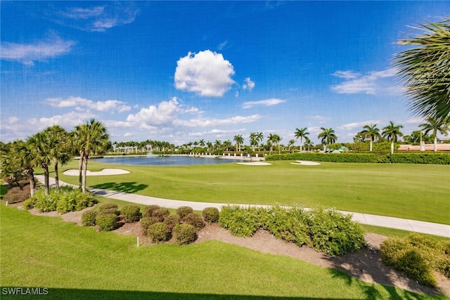 view of home's community with a lawn and a water view