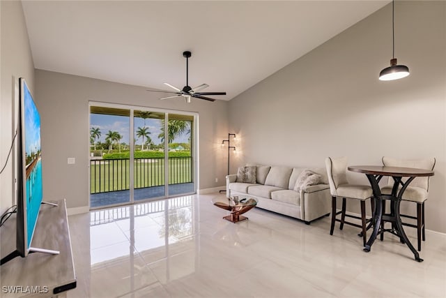 living room with vaulted ceiling and ceiling fan