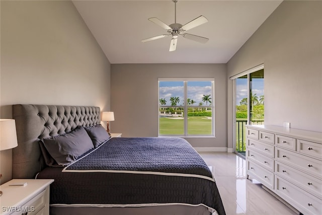 bedroom with ceiling fan and lofted ceiling