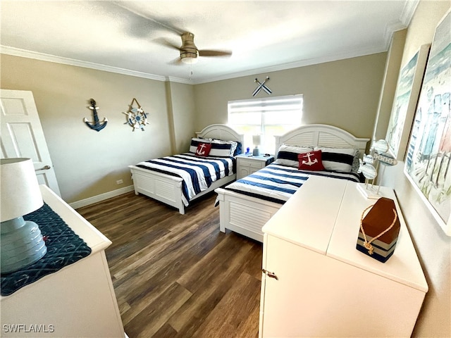 bedroom with ceiling fan, dark hardwood / wood-style flooring, and crown molding