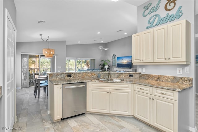 kitchen with light stone countertops, dishwasher, sink, kitchen peninsula, and vaulted ceiling