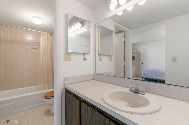 full bathroom featuring toilet, shower / tub combo, tile patterned flooring, and vanity