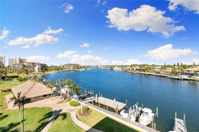 property view of water featuring a boat dock