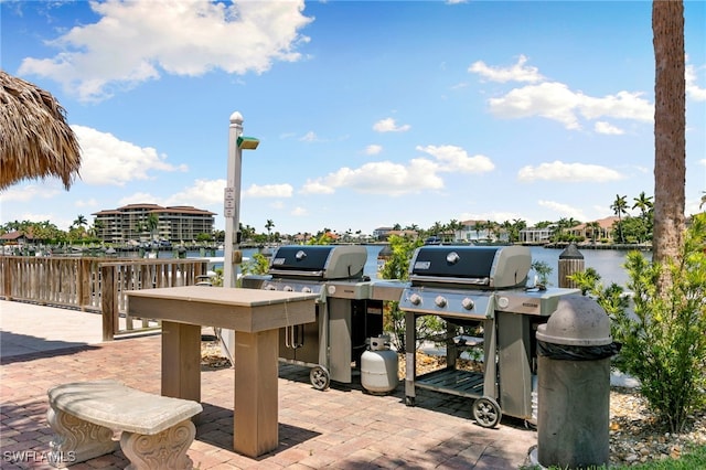 view of patio / terrace with a water view and area for grilling