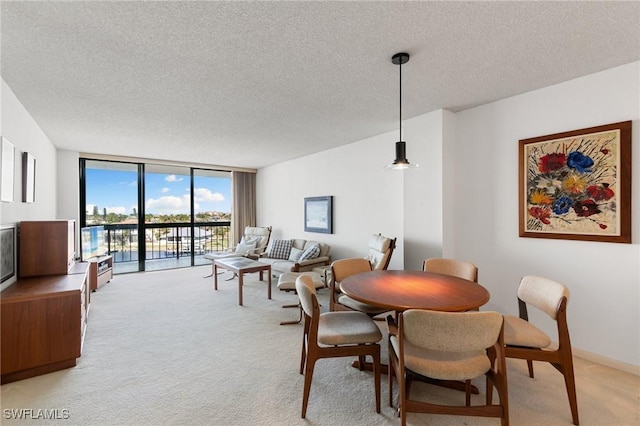 carpeted dining area with a textured ceiling and a wall of windows