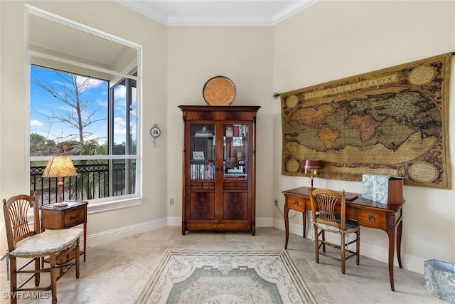 home office featuring crown molding