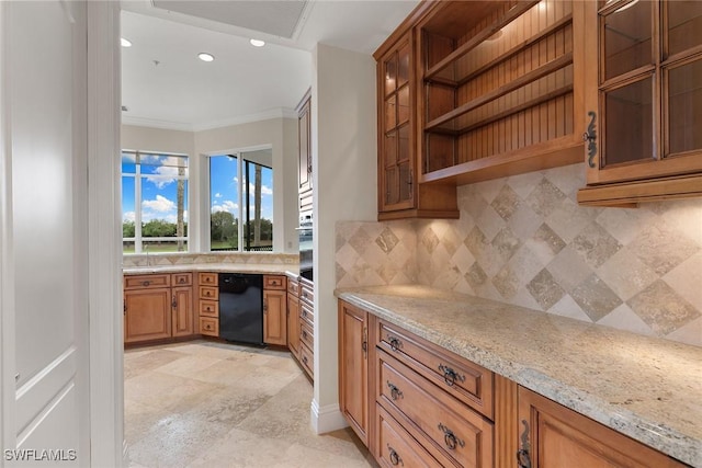 kitchen featuring tasteful backsplash, dishwasher, ornamental molding, light stone counters, and brown cabinetry