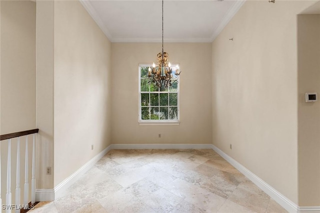 spare room with baseboards, a chandelier, and ornamental molding