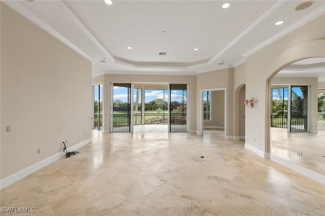 spare room with a tray ceiling, a healthy amount of sunlight, and baseboards