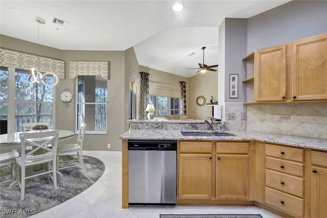 kitchen featuring decorative light fixtures, dishwasher, sink, decorative backsplash, and ceiling fan