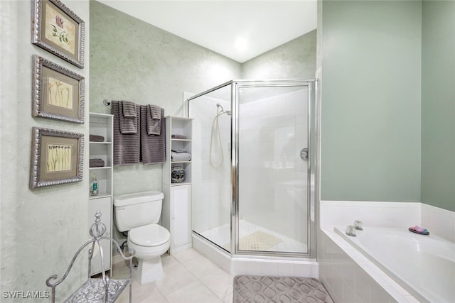 bathroom with toilet, tile patterned floors, and plus walk in shower