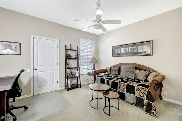 home office with light colored carpet and ceiling fan