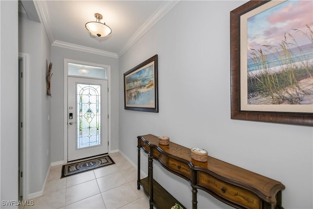 foyer featuring light tile patterned floors and crown molding