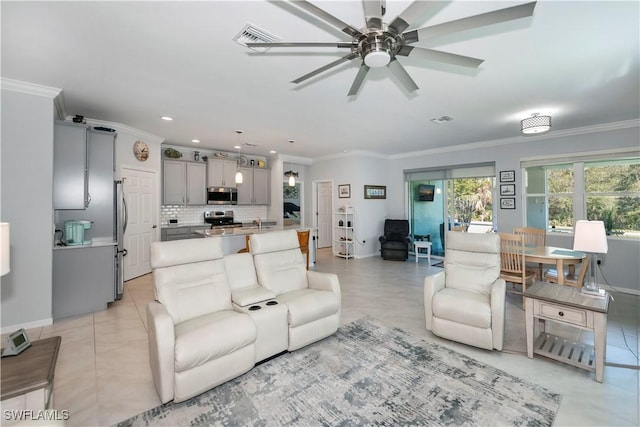 15140 Yellow Wood Dr, Alva, FL 33920 - living room featuring ceiling fan, ornamental molding, recessed lighting, and light tile patterned floors